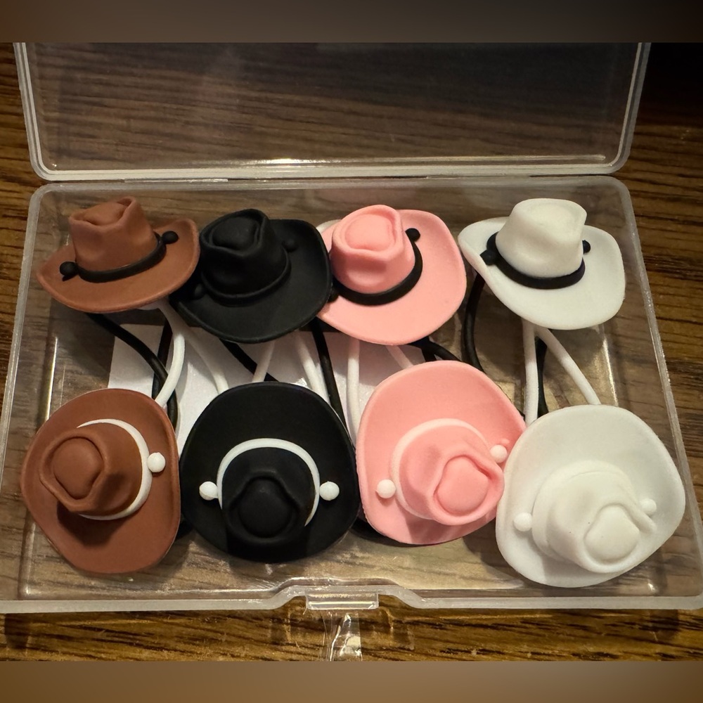 New In Package, 8 Piece Cowboy Hat Drinking Straw Tips/Covers In 4 Colors